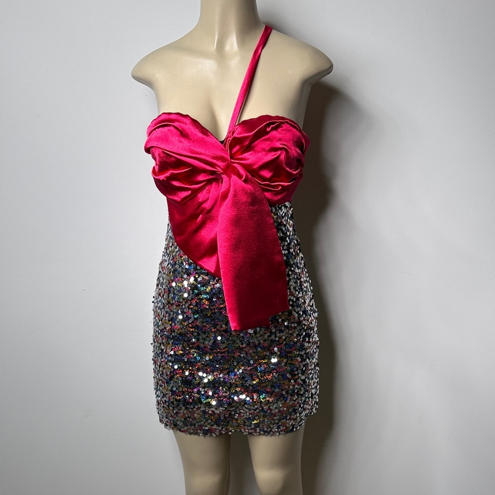 Zara Fuchsia Satin Bow One-Shoulder Sequin Mini Dress
